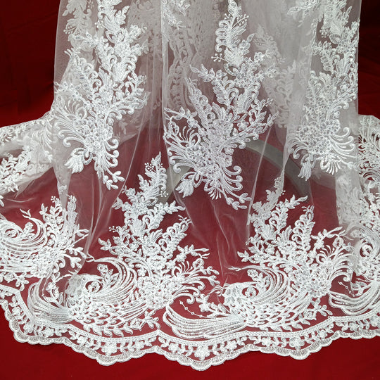 Corded & Beaded Bridal Lace Fabric Embroidered on 100% Polyester Net Mesh. Lace Usa