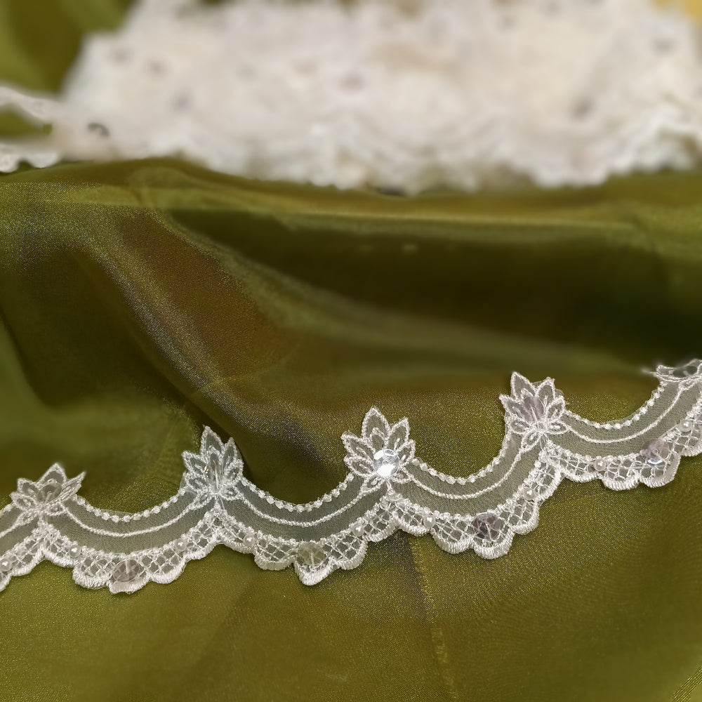 Beaded White Lace Trim Embroidered on 100% Polyester Organza . Large Arch Scalloped Trim. Formal Trim. Perfect for Edging and Gowns.  Sold by the Yard.  Lace Usa