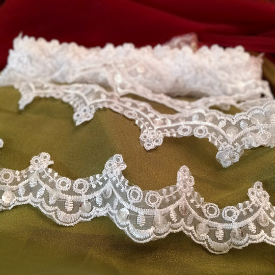 Beaded Ivory Lace Trim Embroidered on 100% Polyester Organza . Large Arch Scalloped Trim. Formal Trim. Perfect for Edging and Gowns. Sold by the Yard. Lace Usa