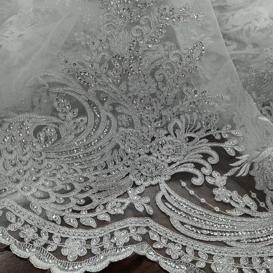 Corded & Beaded Bridal Lace Fabric Embroidered on 100% Polyester Net Mesh. Lace Usa