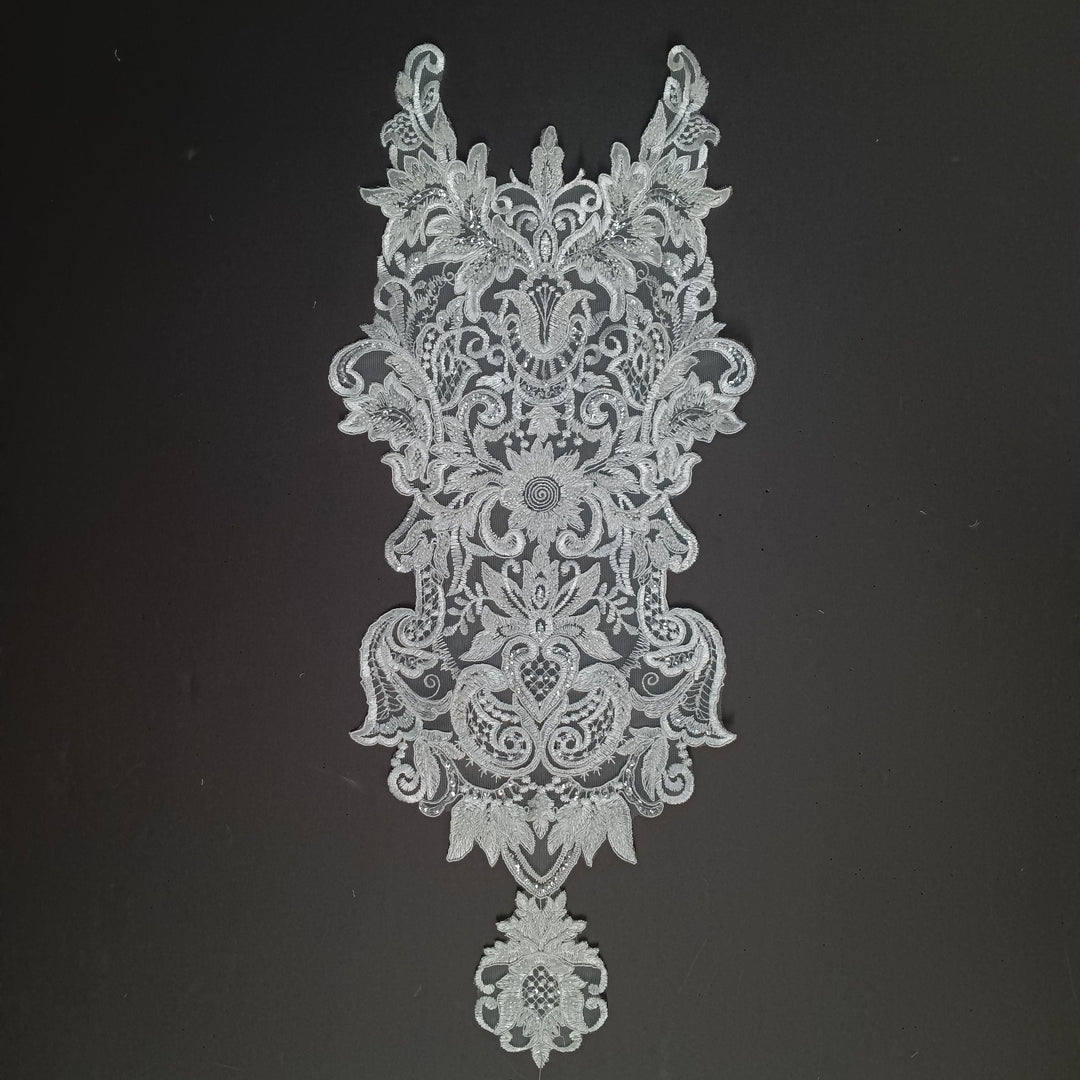 Beaded & Corded White Lace Medallion Applique Embroidered on 100% Polyester Net Mesh. Lace Usa