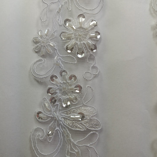 Beaded, Corded & Embroidered on White Net Mesh Trimming. Lace Usa