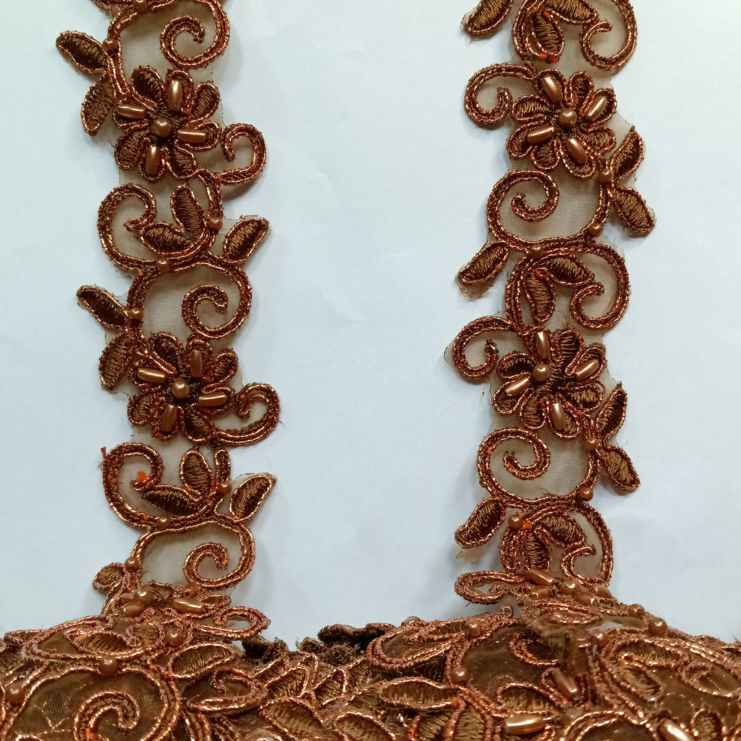 Beaded, Corded & Embroidered Metallic Brown Trimming. Lace Usa