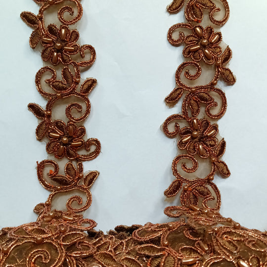 Beaded, Corded & Embroidered Metallic Brown Trimming. Lace Usa