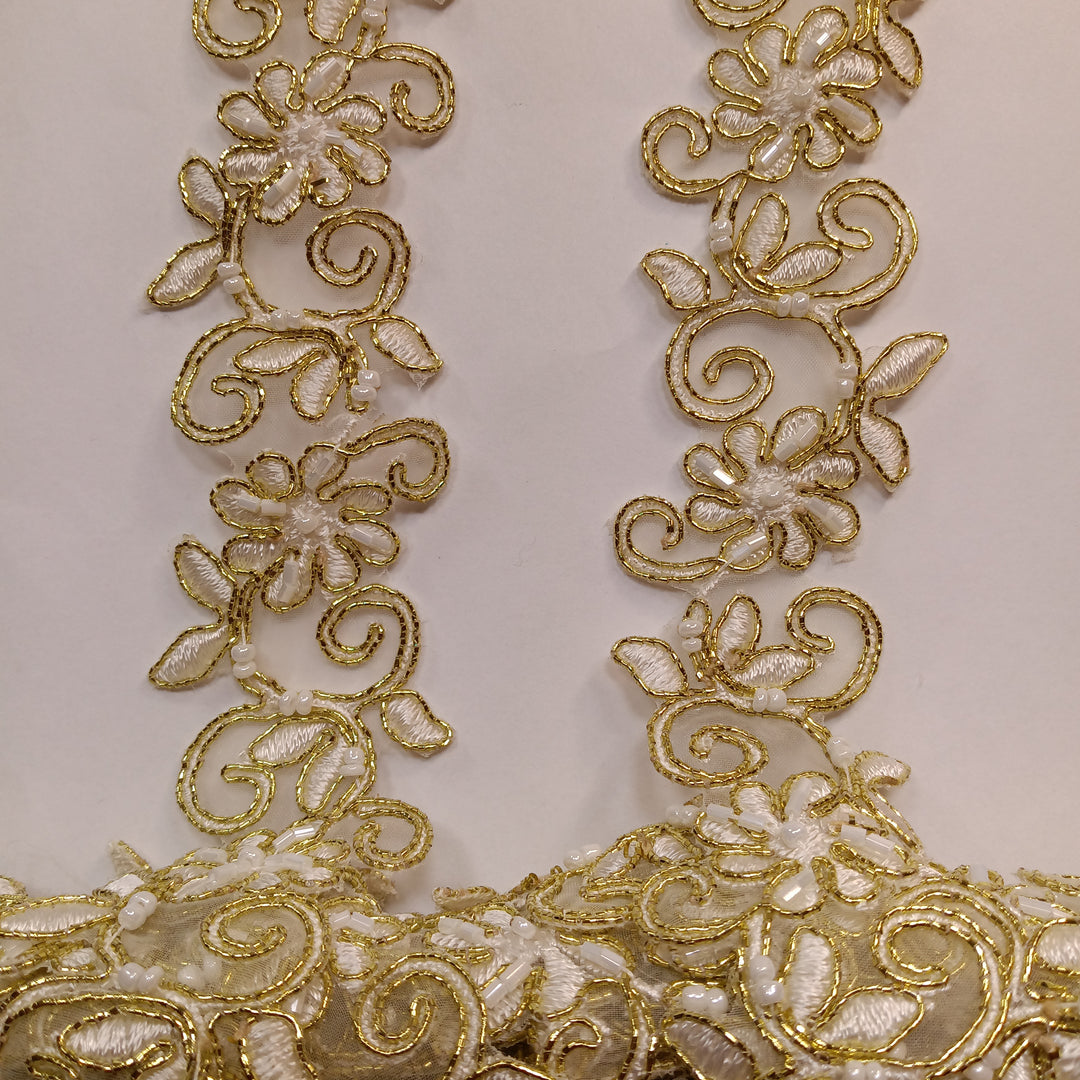 Beaded, Corded & Embroidered Ivory with Gold Trimming. Lace Usa