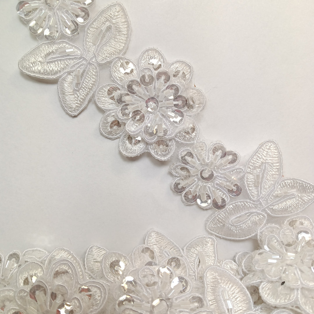 3D Floral Corded, Beaded & Embroidered White Trimming. Lace Usa