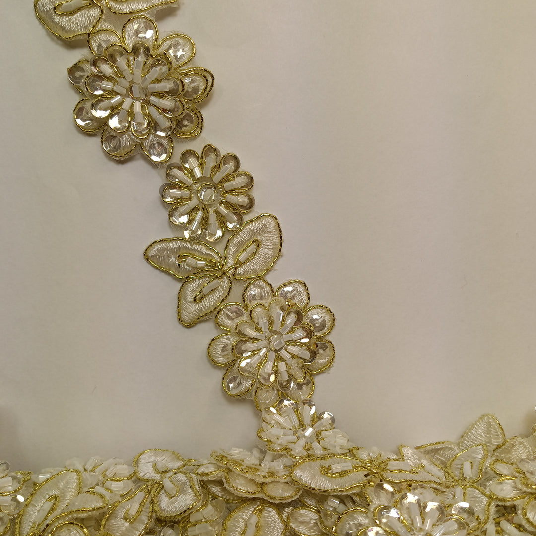 3D Floral Corded, Beaded & Embroidered Ivory with Gold Trimming. Lace Usa