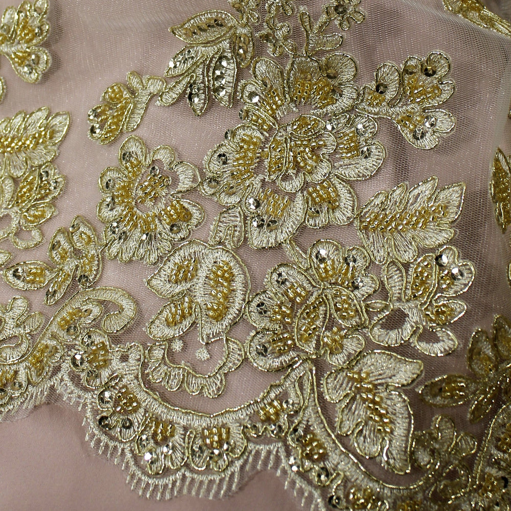 Embroidered & Corded Gold Net Mesh Fabric with Sequin & Beads. Sold by the yard Lace Usa