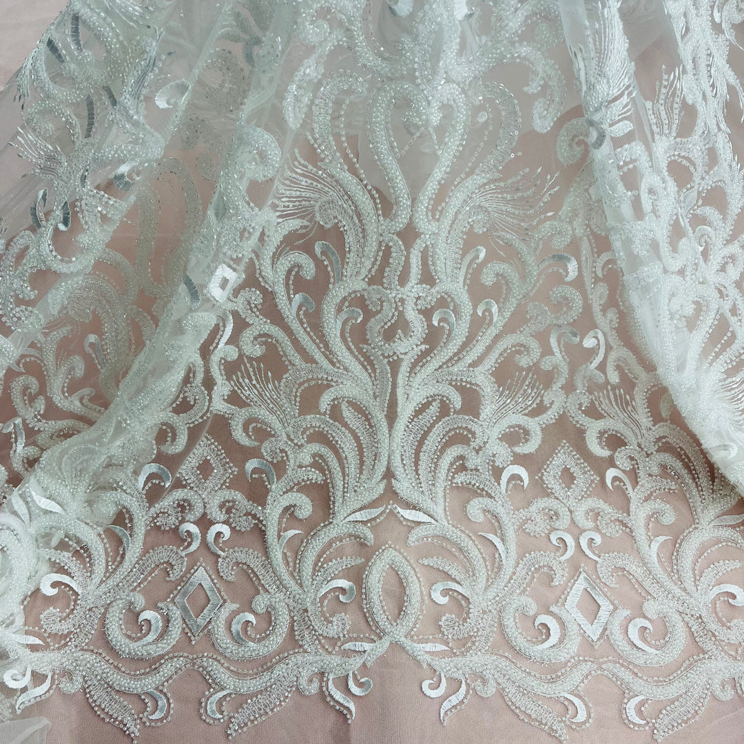 Beaded Lace Fabric Embroidered With Fuzzy Thread on 100% Polyester Net Mesh | Lace USA