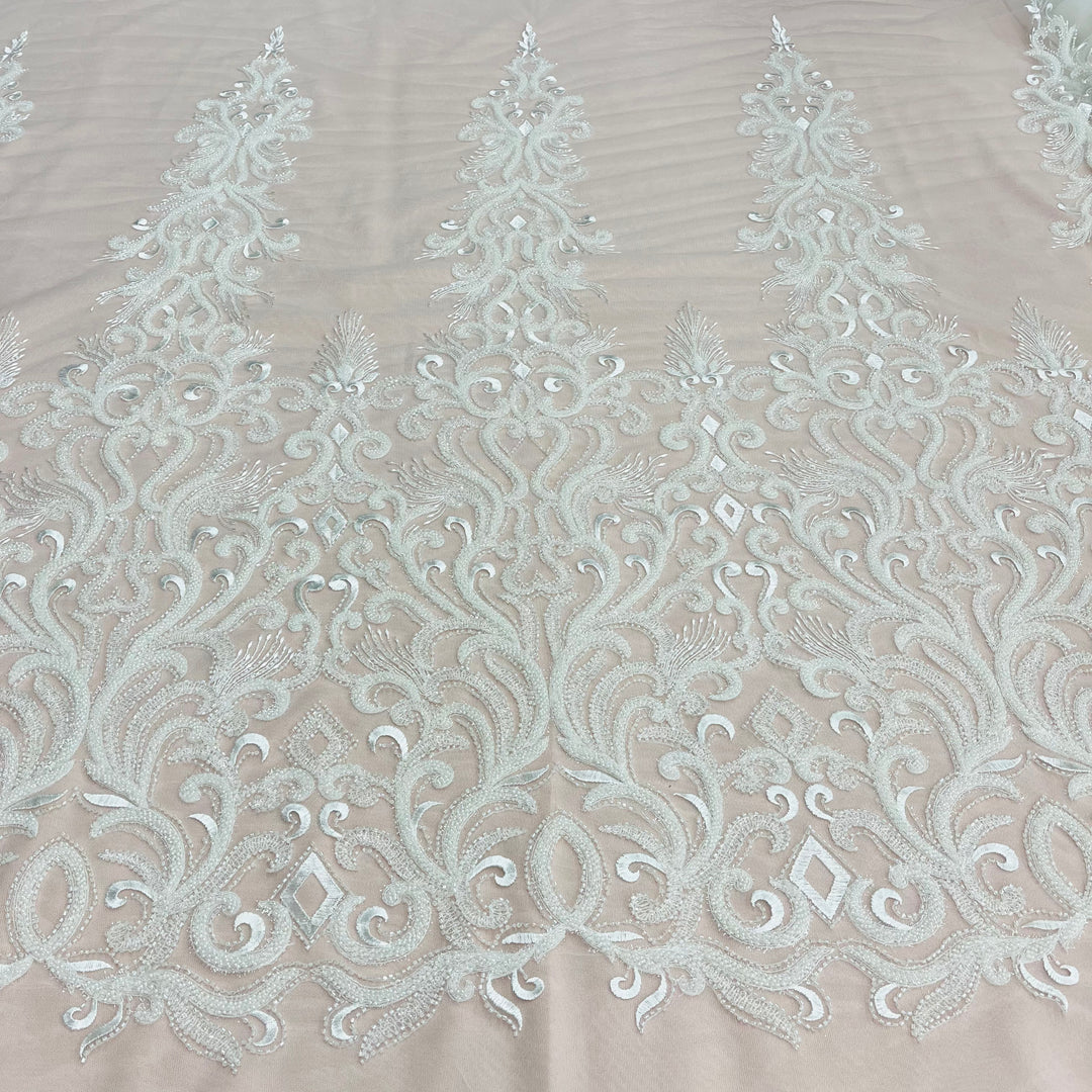 Beaded Lace Fabric Embroidered With Fuzzy Thread on 100% Polyester Net Mesh | Lace USA