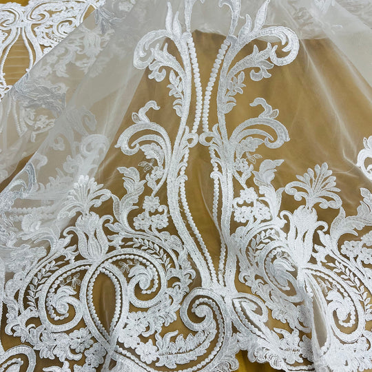 Beaded & Corded Bridal Lace Fabric Embroidered on 100% Polyester Net Mesh | Lace USA