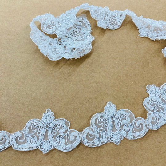 Beaded & Corded Lace Trimming Embroidered on Poly Organza. Lace USA