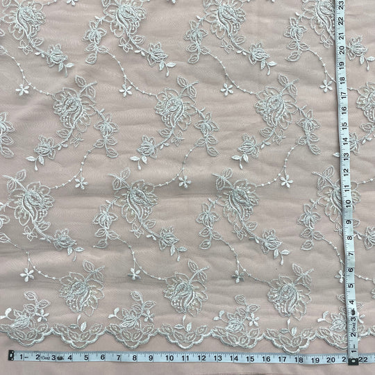 Beaded & Corded Bridal Lace Fabric Embroidered on 100% Polyester Net Mesh | Lace USA