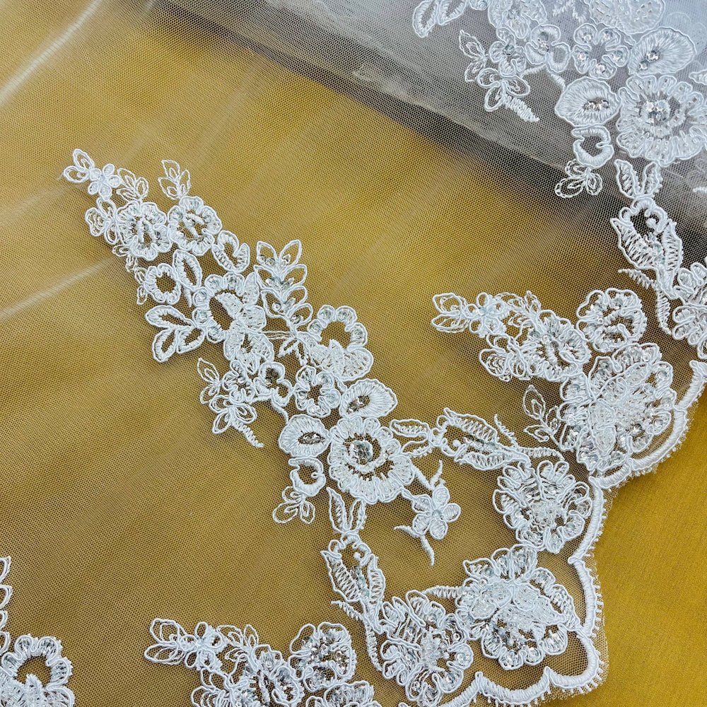 Beaded & Corded Bridal Lace Fabric Embroidered on 100% Polyester Net Mesh | Lace USA