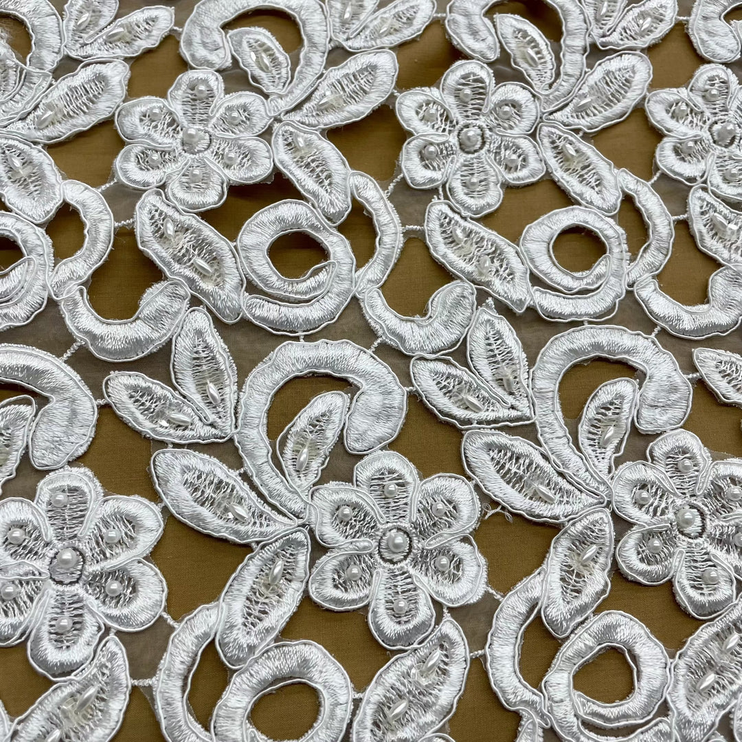 Beaded & Corded Bridal Fabric Lace Embroidered on 100% Polyester Net Mesh | Lace USA