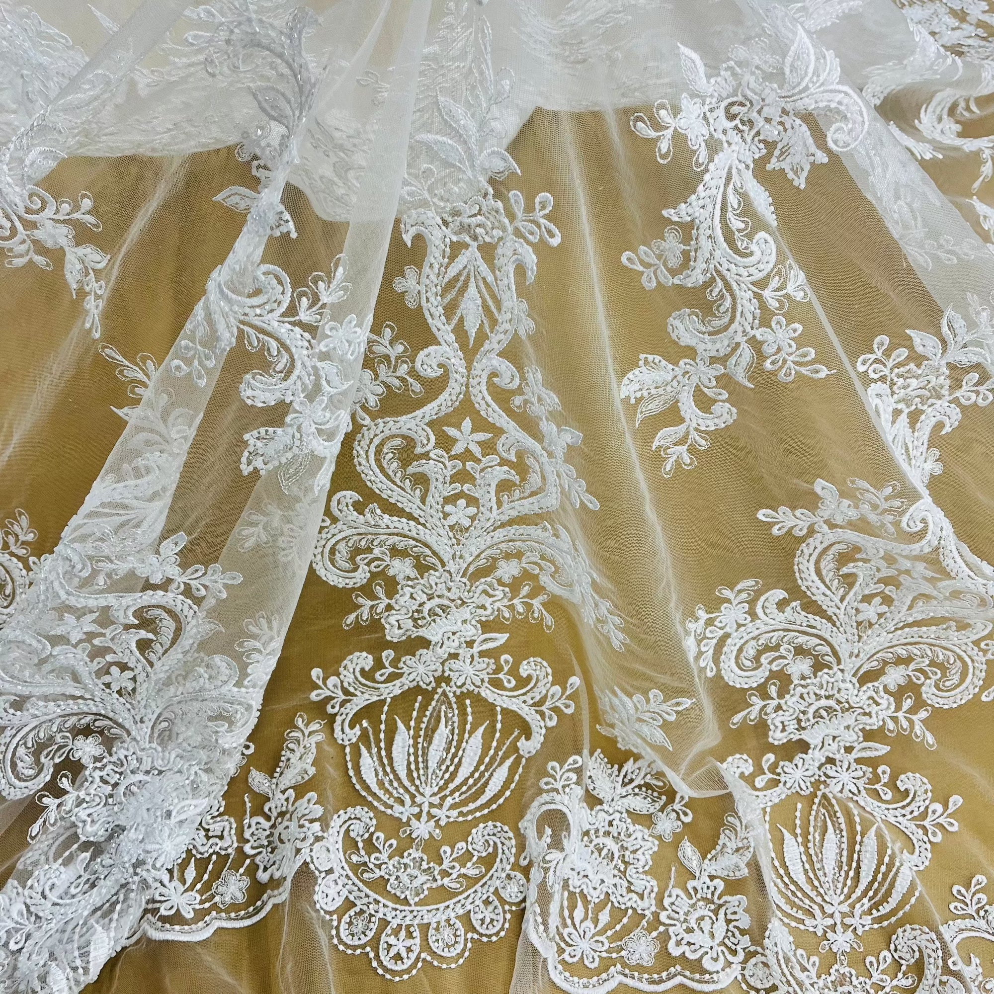 Beaded Lace Fabric Embroidered on 100% Polyester Net Mesh | Lace USA - GD-12186 White