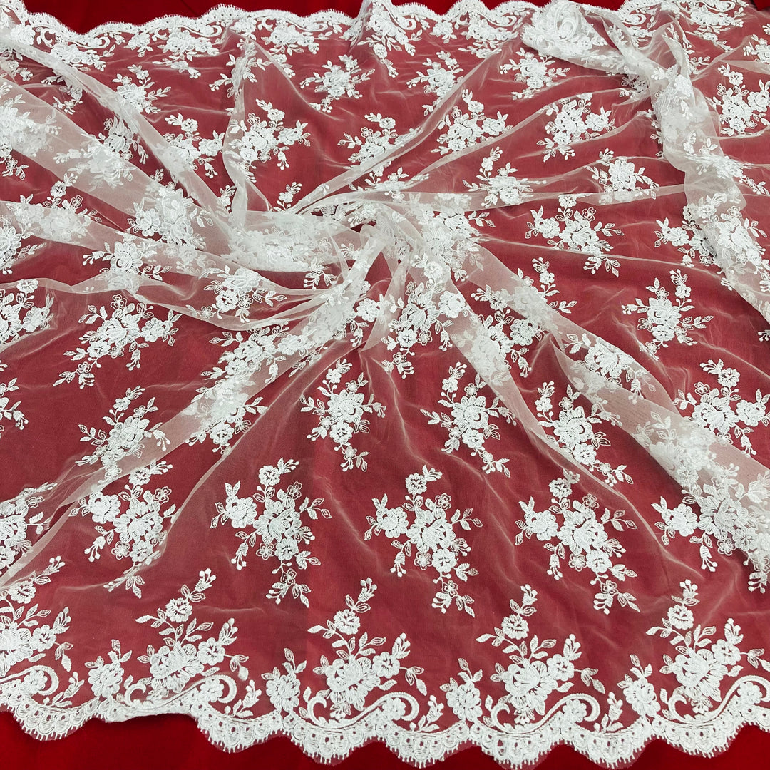 Corded Bridal Lace Fabric Embroidered on 100% Polyester Net Mesh. Lace USA