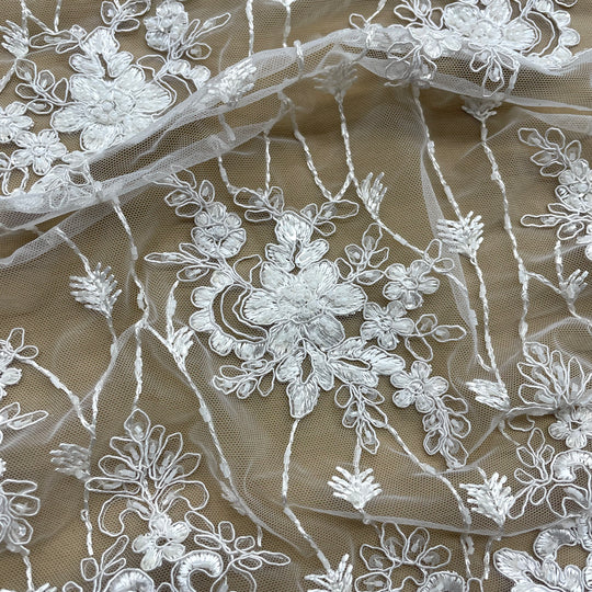 Beaded & Corded Bridal Lace Fabric Embroidered on 100% Polyester Net Mesh | Lace USA