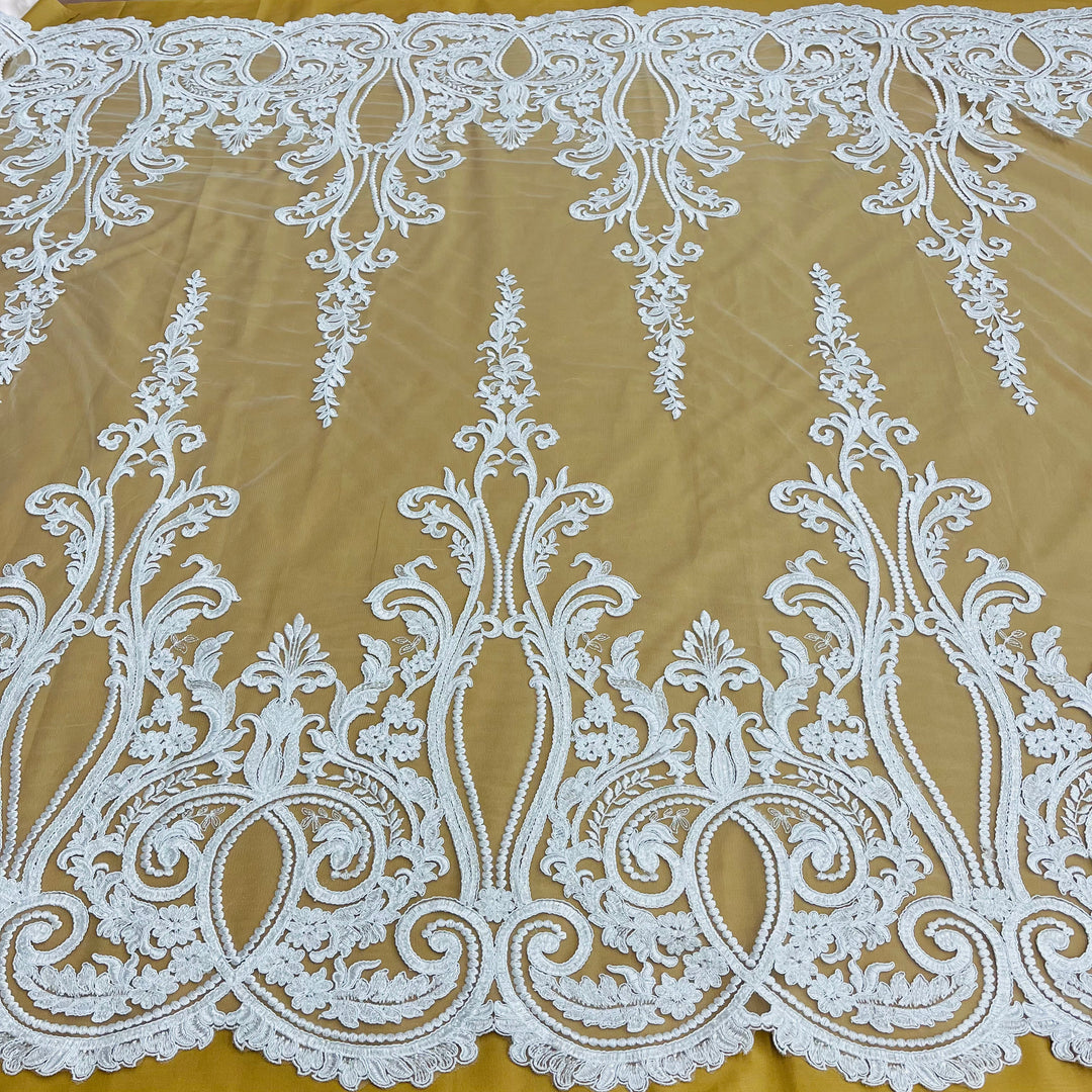 Beaded & Corded Bridal Lace Fabric Embroidered on 100% Polyester Net Mesh | Lace USA