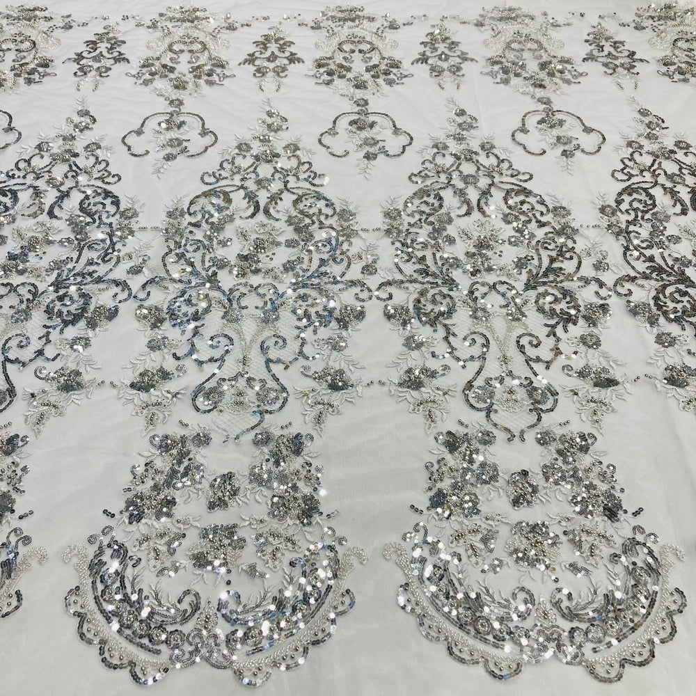 Beaded Lace Fabric Embroidered on 100% Polyester Net Mesh | Lace USA - GD-210907 Silver