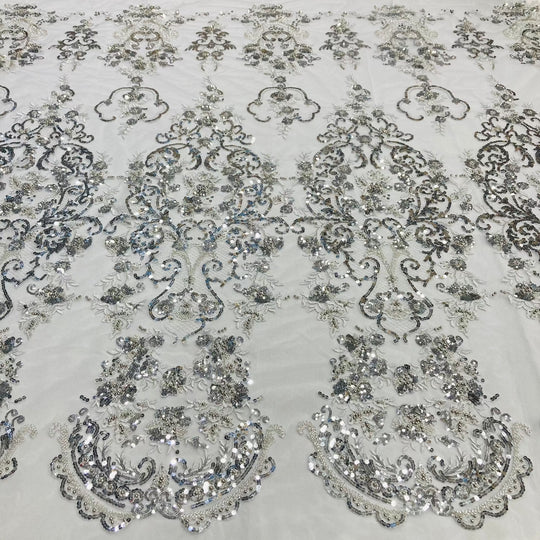 Beaded Lace Fabric Embroidered on 100% Polyester Net Mesh | Lace USA - GD-210907 Silver