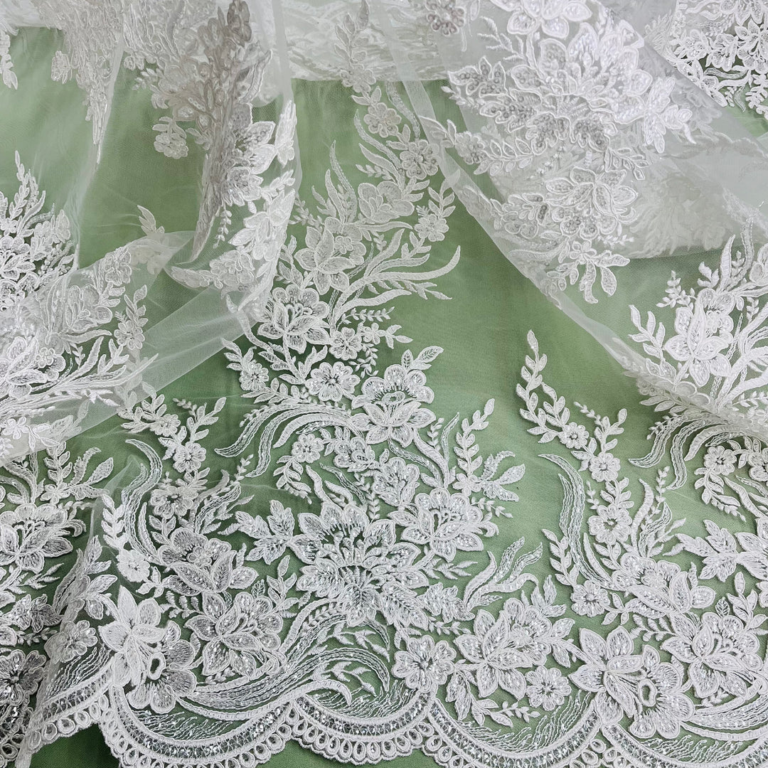 Beaded & Corded Bridal Lace Fabric Embroidered on 100% Polyester Net Mesh | Lace USA