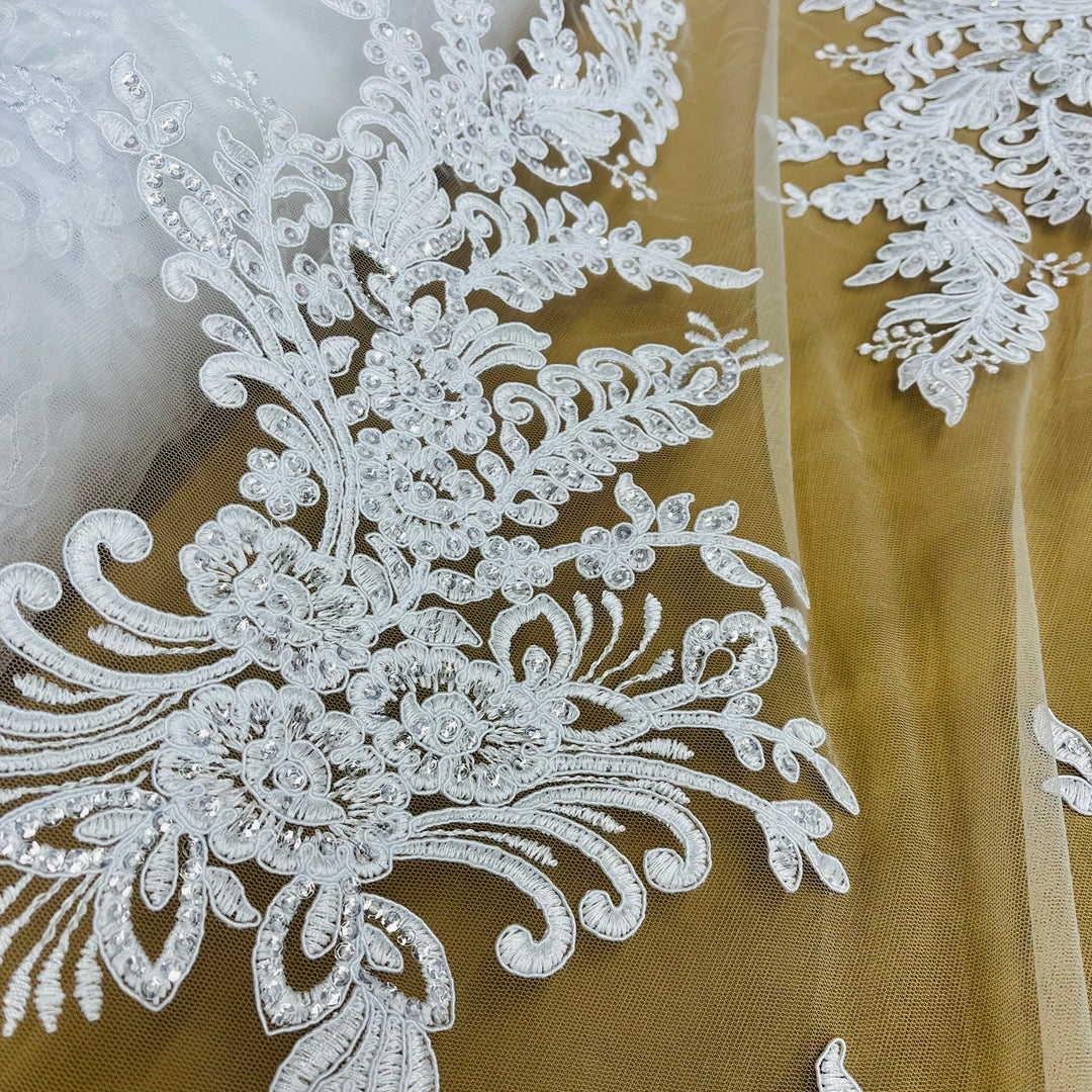 Beaded & Corded Bridal Lace Fabric Embroidered on 100% Polyester Net Mesh | Lace USA 