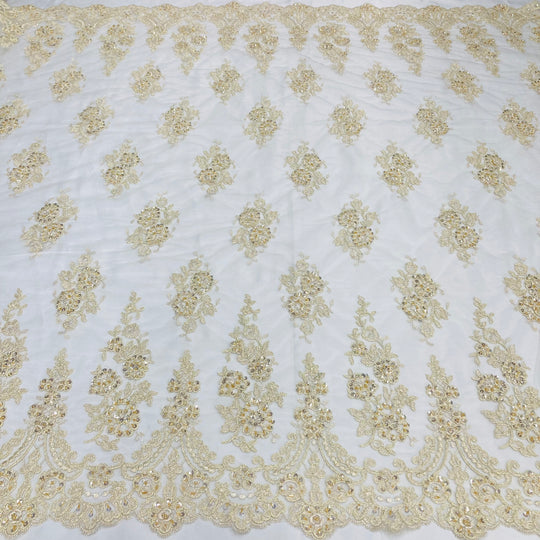 Beaded & Corded Lace Fabric Embroidered on 100% Polyester Net Mesh | Lace USA