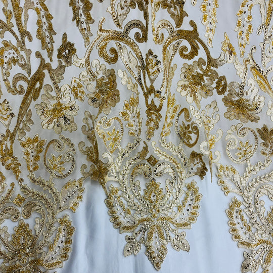 Beaded & Corded Bridal Lace Fabric Embroidered on 100% Polyester Net Mesh Metallic Gold | Lace USA