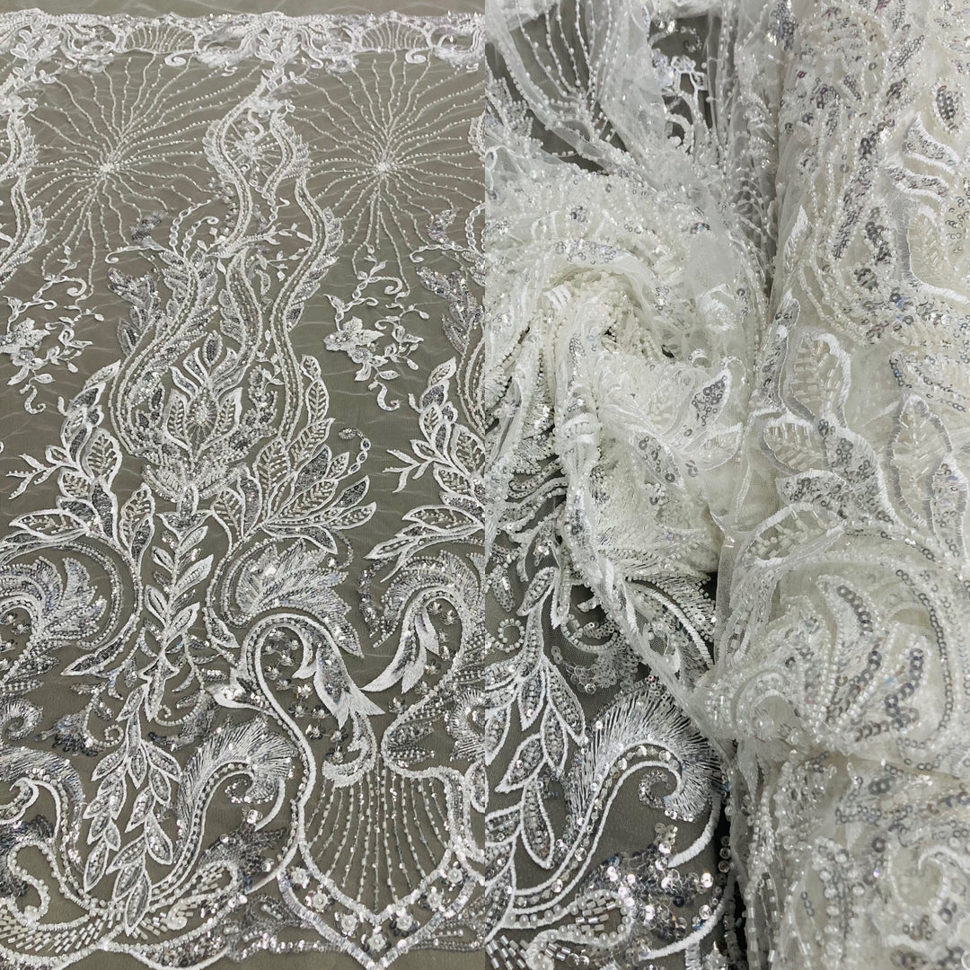 Beaded Lace Fabric Embroidered on 100% Polyester Net Mesh | Lace USA