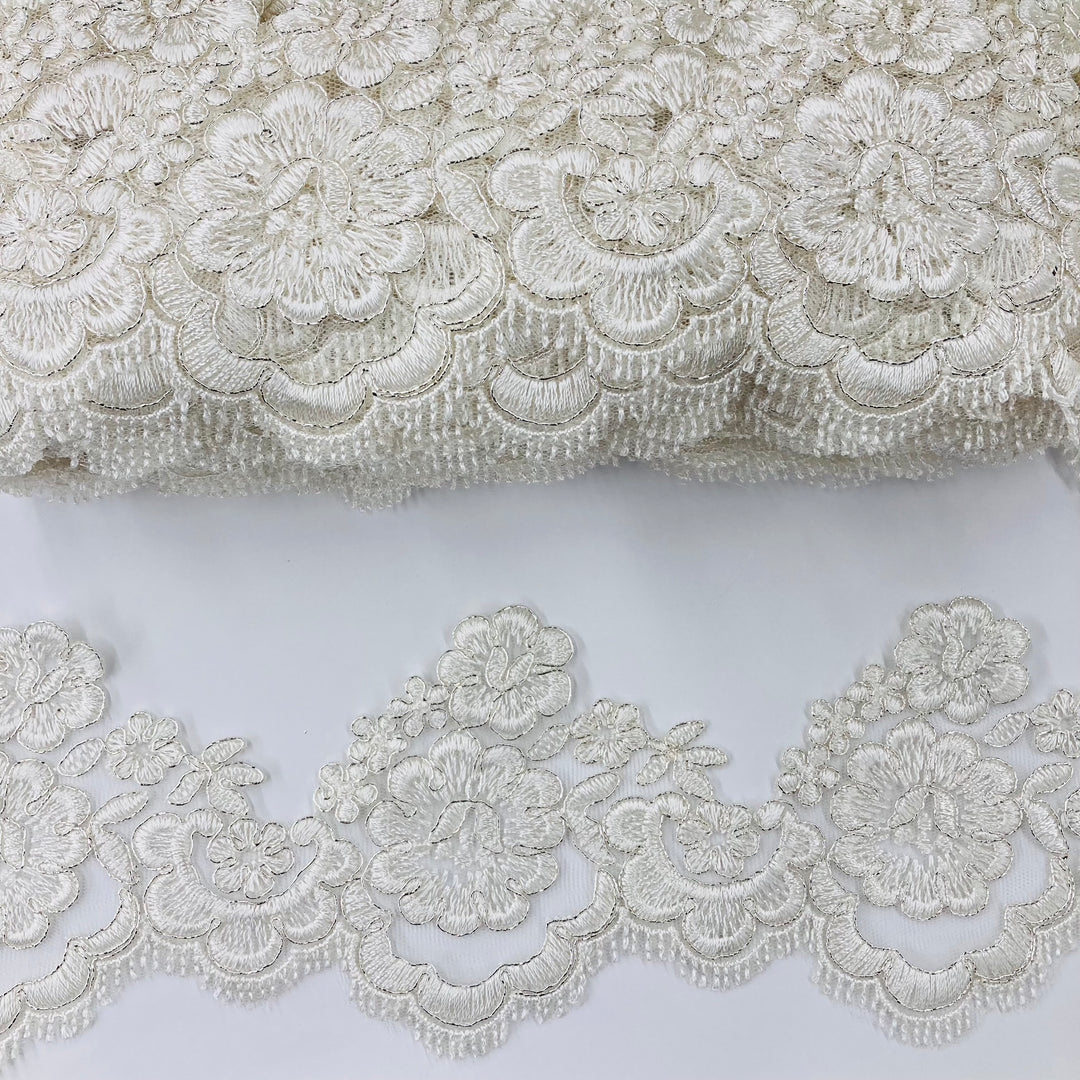 Corded Lace Trimming Embroidered on Poly. Net Mesh. Lace USA