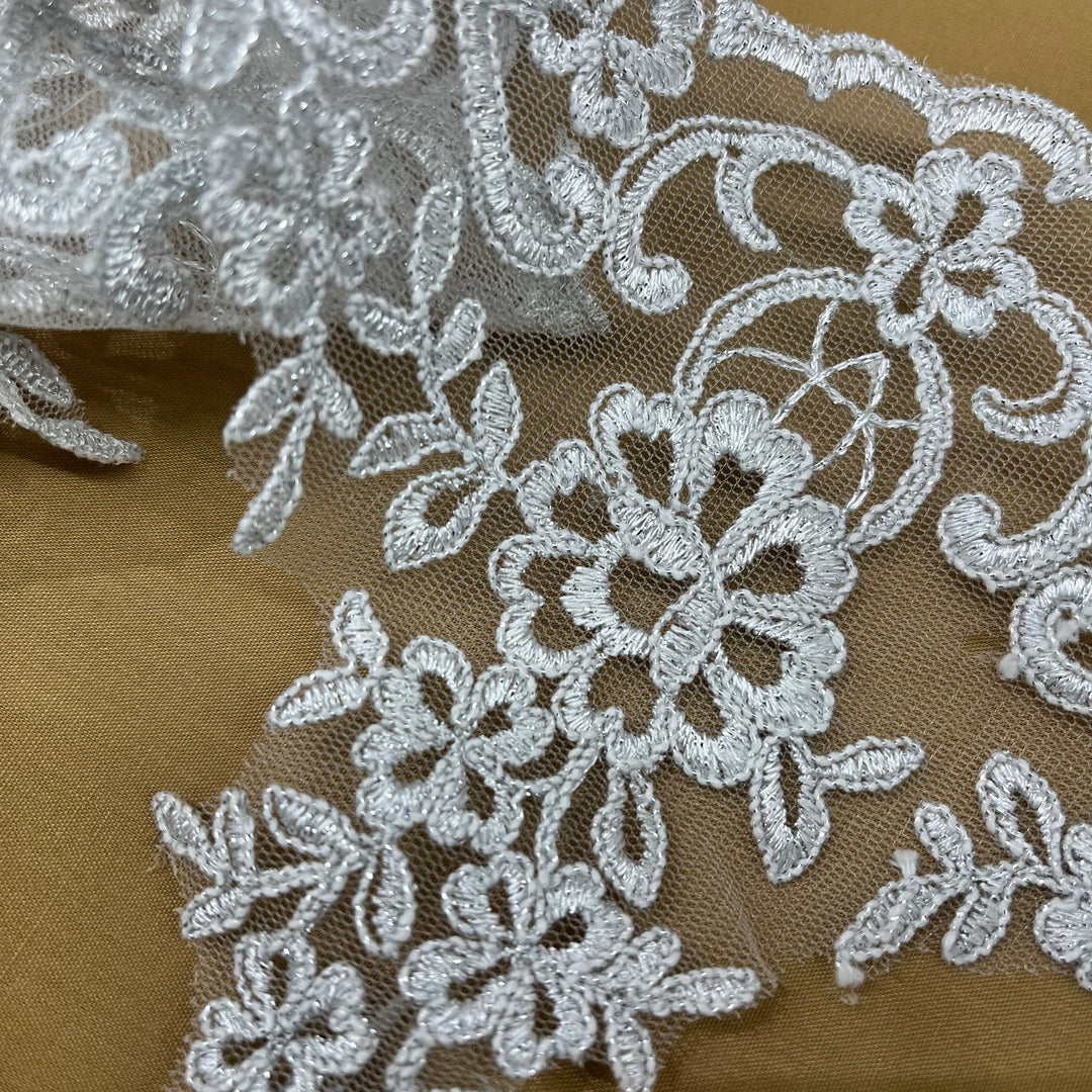 Corded Lace Trimming Embroidered on 100% Polyester Net Mesh | Lace USA