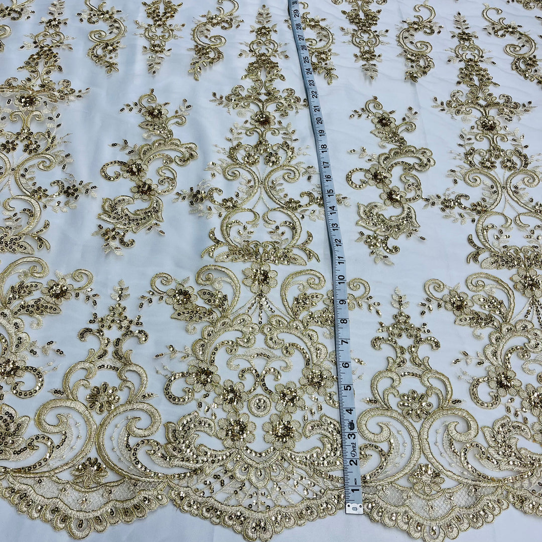 97213W-SB-Beaded & Corded Bridal Fabric Lace Embroidered on 100% Polyester Net Mesh | Lace USA