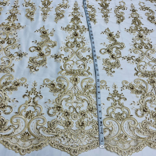 97213W-SB-Beaded & Corded Bridal Fabric Lace Embroidered on 100% Polyester Net Mesh | Lace USA