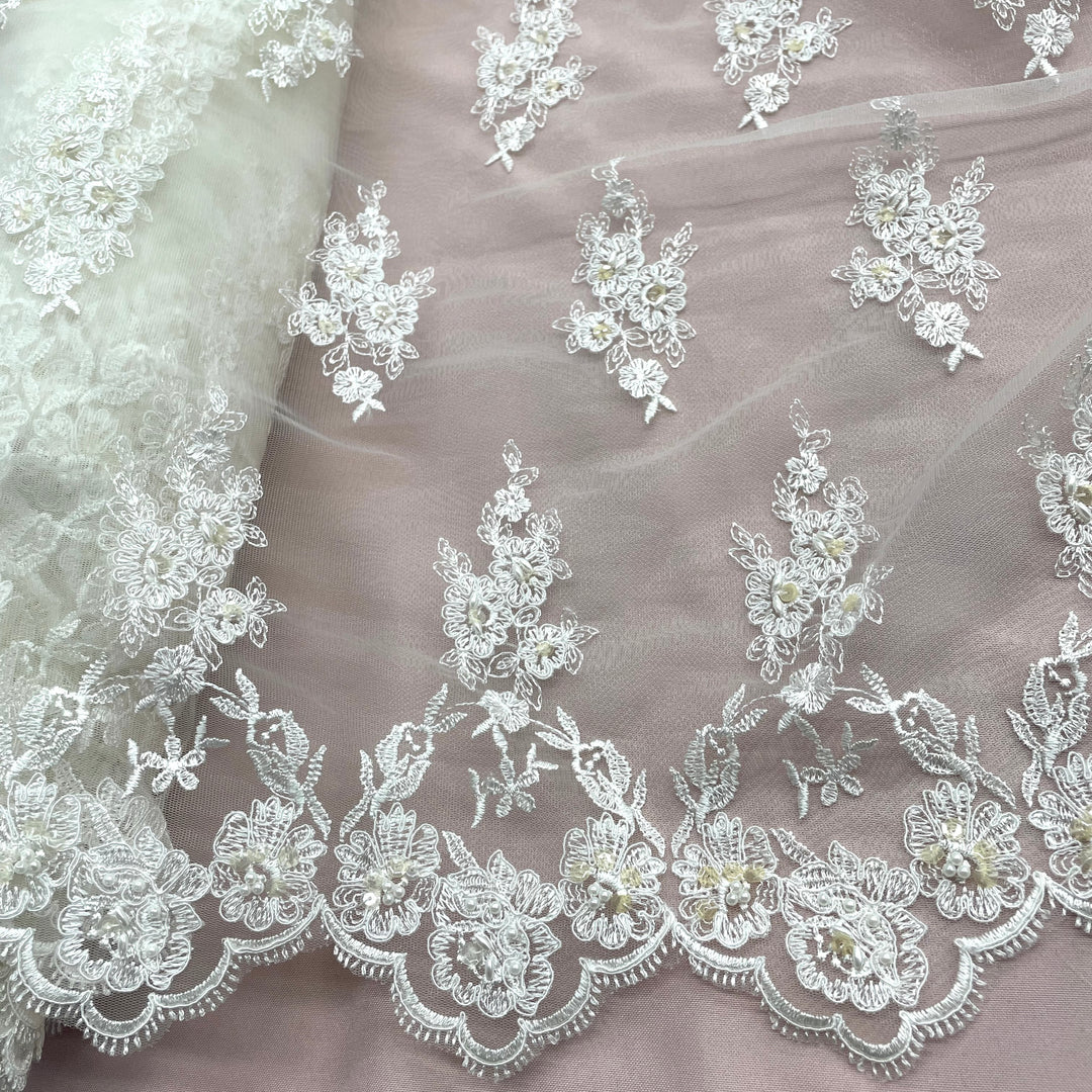 Beaded & Corded Lace Fabric Embroidered on 100% Polyester Net Mesh | Lace USA