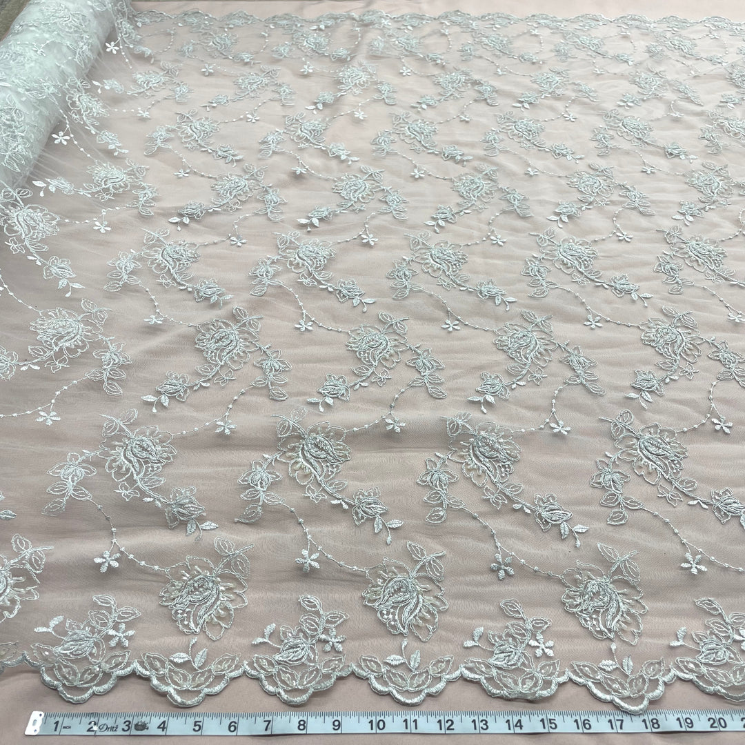 Beaded & Corded Bridal Lace Fabric Embroidered on 100% Polyester Net Mesh | Lace USA