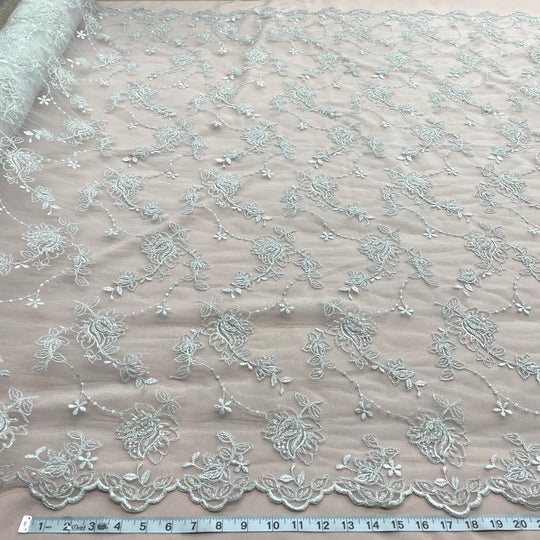 Beaded & Corded Bridal Lace Fabric Embroidered on 100% Polyester Net Mesh | Lace USA