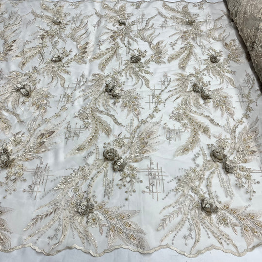 Beaded & Rhinestone 3D Floral Lace Fabric Embroidered on 100% Polyester Net Mesh | Lace USA