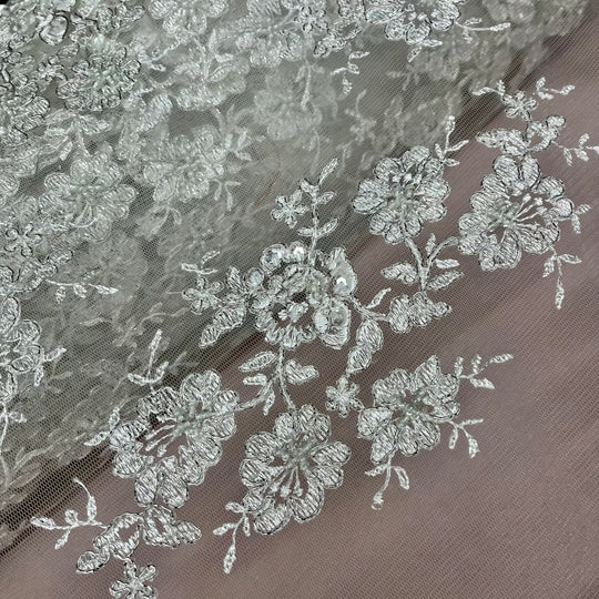 Beaded & Corded Bridal Lace Fabric Embroidered on 100% Polyester Net Mesh | Lace USA