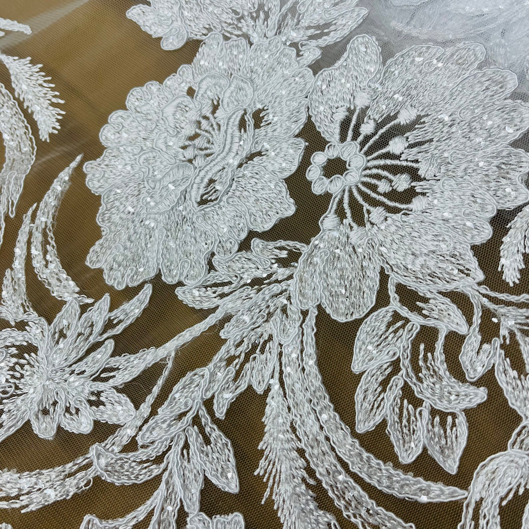 Beaded & Corded Bridal Lace Fabric Embroidered on 100% Polyester Net Mesh | Lace USA