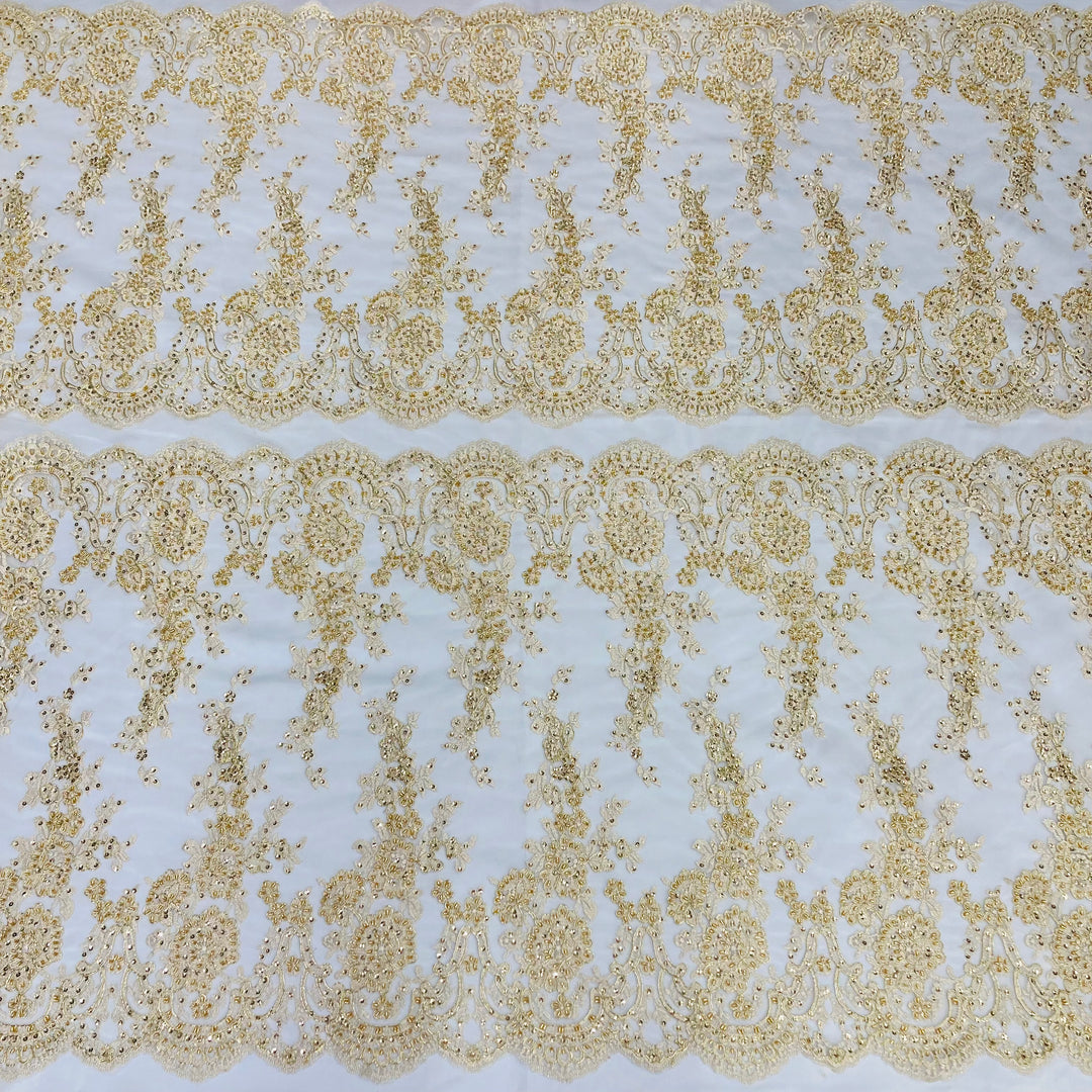 Beaded & Corded Bridal Lace Fabric Embroidered on 100% Polyester Net Mesh | Lace USA