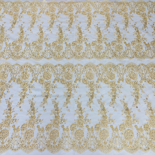 Beaded & Corded Bridal Lace Fabric Embroidered on 100% Polyester Net Mesh | Lace USA