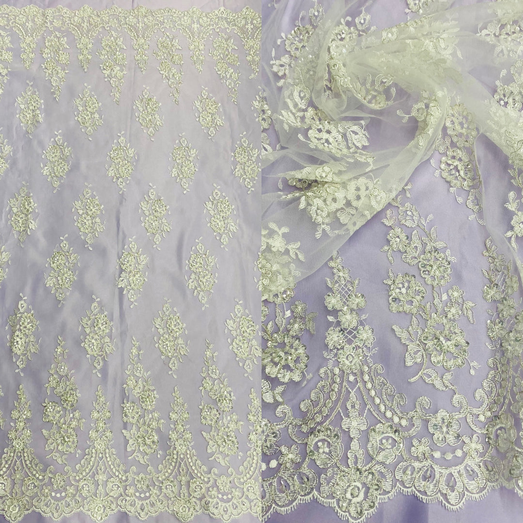 Beaded & Corded Lace Fabric Embroidered on 100% Polyester Net Mesh | Lace USA