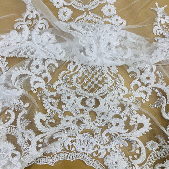 Beaded Lace Fabric Embroidered on 100% Polyester Net Mesh | Lace USA - 73027W-HB