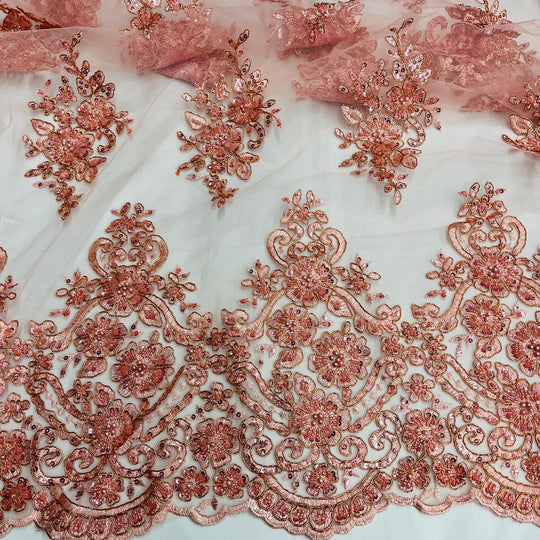 Beaded Corded Lace Fabric With Scallops Embroidered on 100% Poly Metallic | Lace USA