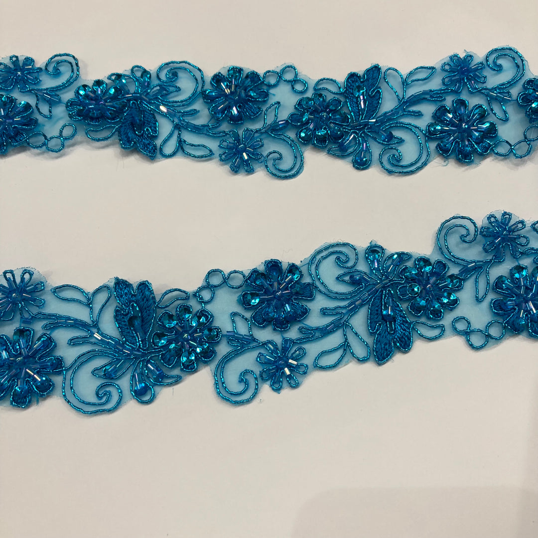 Beaded, Corded & Embroidered Metallic Turquoise Trimming. Lace Usa