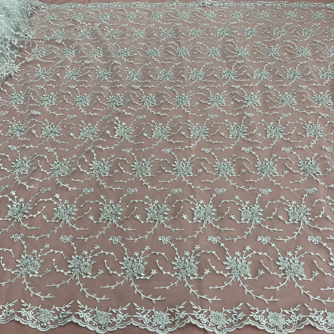 Beaded & Corded Bridal Lace Fabric Embroidered on 100% Polyester Net Mesh | Lace USA