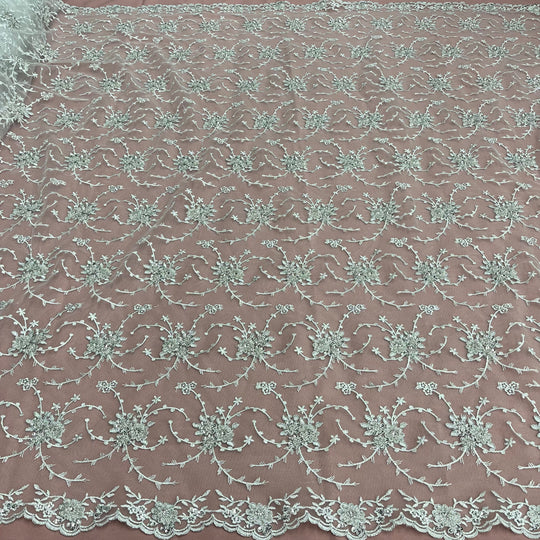 Beaded & Corded Bridal Lace Fabric Embroidered on 100% Polyester Net Mesh | Lace USA