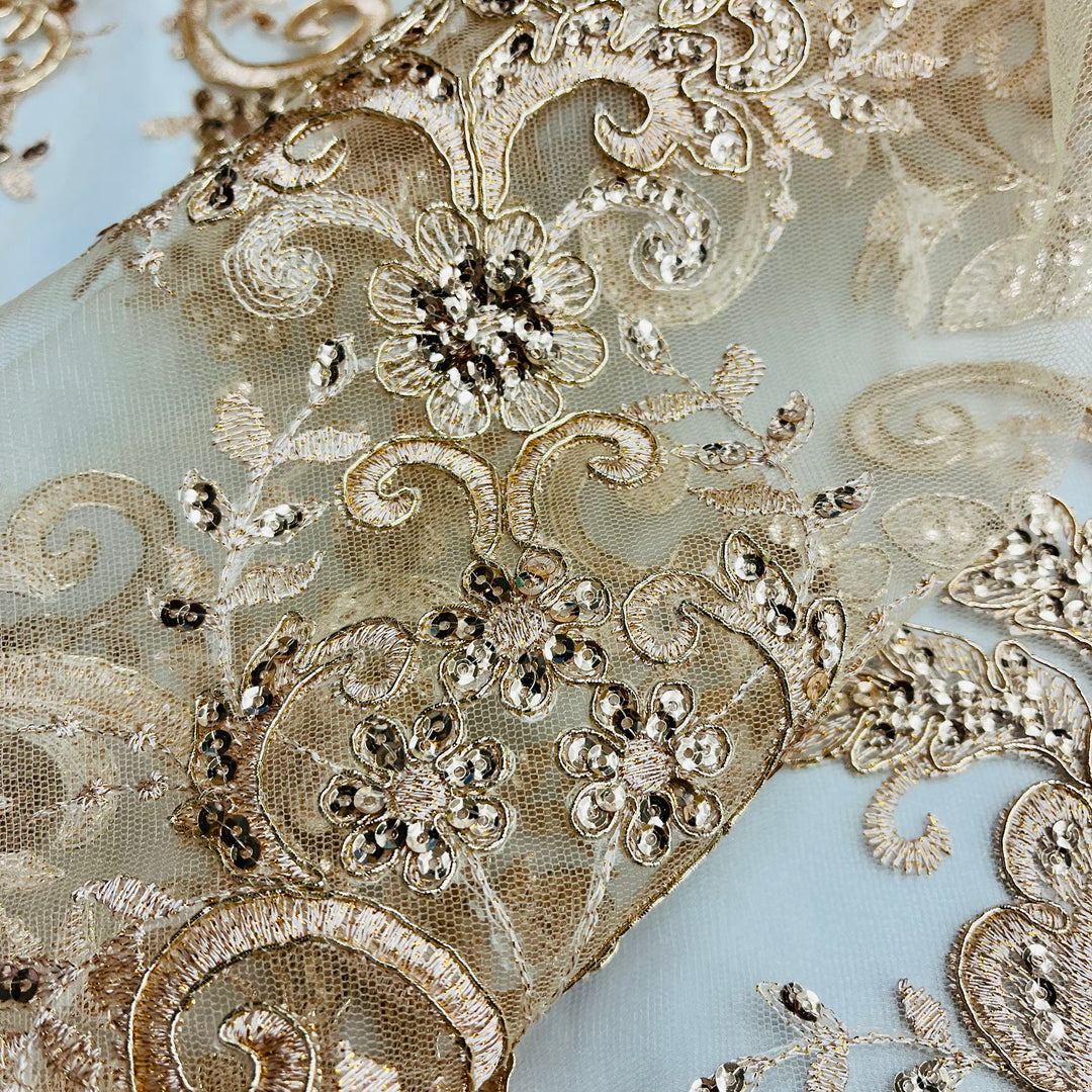 Ethereal Elegance: Beaded & Corded Bridal Embroidered Lace Fabric on Polyester Net Mesh| Lace USA - 97213W-SB