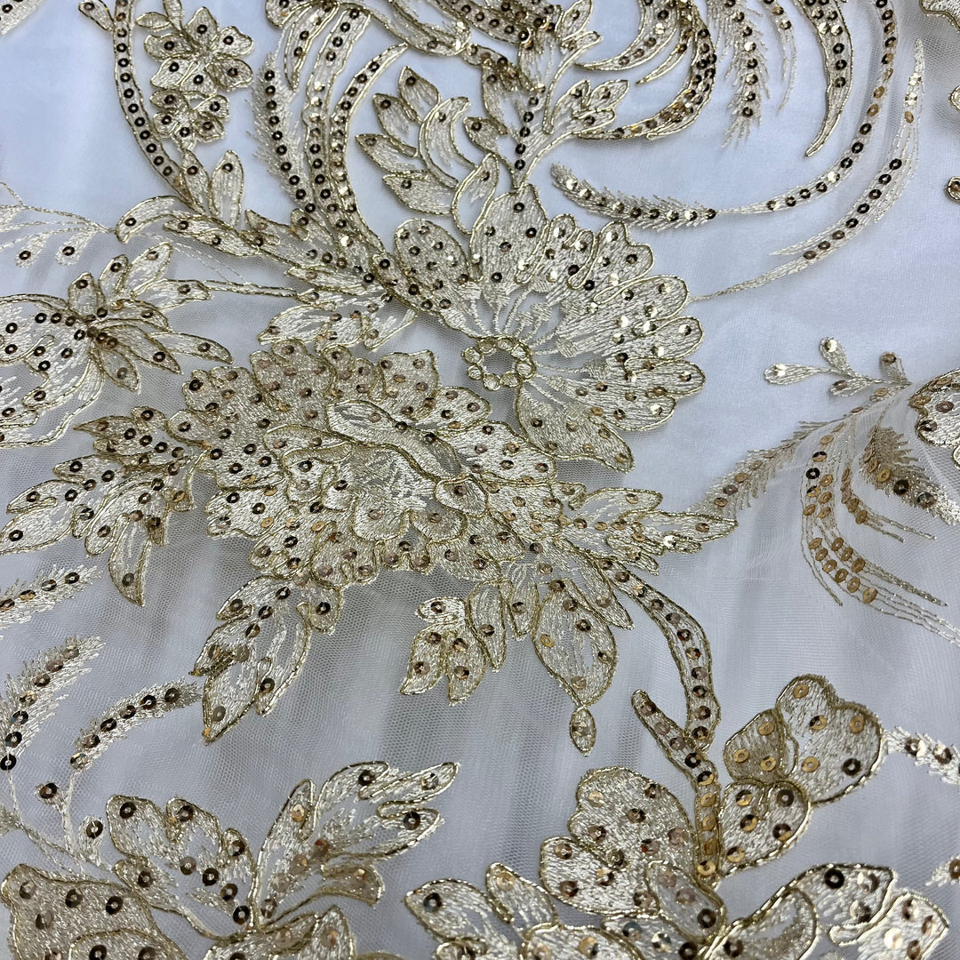 Beaded & Corded Bridal Lace Fabric Embroidered on 100% Polyester Net Mesh | Lace USA